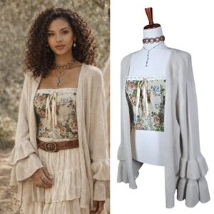 Pol‎ Ruffle Bell Sleeve Open Sweater Rabbit Hair Wool Boho Neutral Beige Size LG